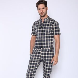 NWOT Men's ROMPERJACK short sleeved romper, jumpsuit, blue plaid flannel, size L